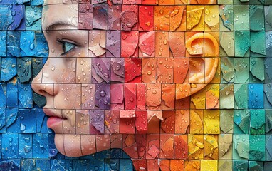 A woman's face combined with multicolored mosaic pieces, a conceptual image