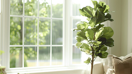 Indoor potted plant beside a window overlooking a sunny garden with a glimpse of a cushioned couch