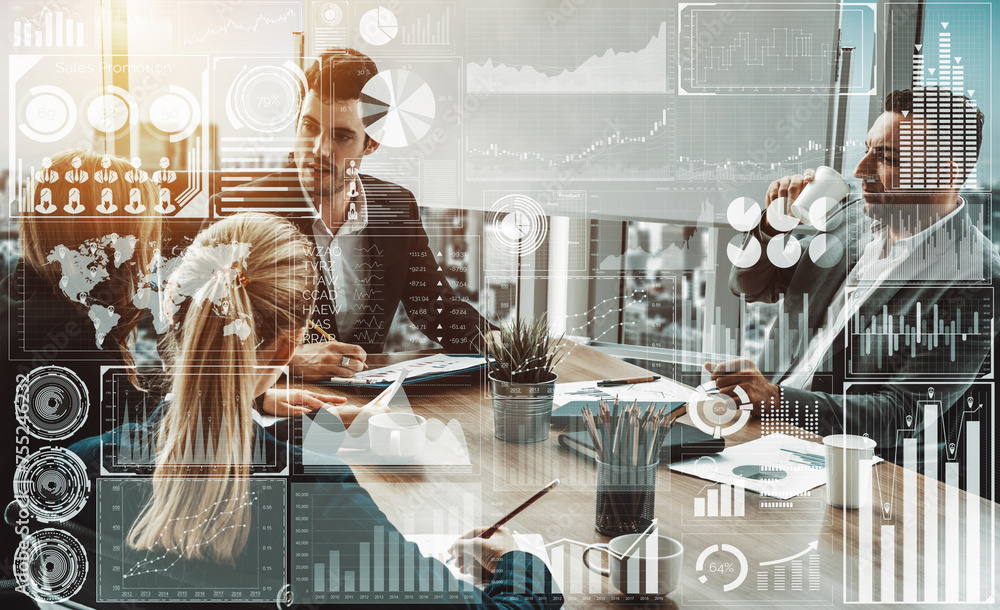 Poster big data technology for business finance analytic concept. modern interface shows massive informatio