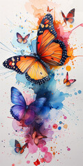 Watercolor painting of beautiful colorful butterflies on a white background. Butterflies emerge...