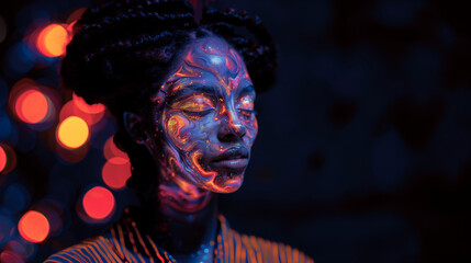 Portrait of a beautiful black female model with glow in the dark paint on her face. A girl with face painted in colorful marble glowing orange, pink and blue paint on a black copy space background. 