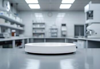 Pharmacology medicine stand mockup, empty podium on table with banner and copy space, showcasing pharmaceutical products, research, and innovation in the healthcare industry.