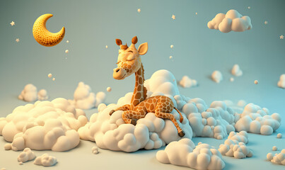 Animated baby giraffe sleeping on clouds on a blue background. In style of toy photography and baby nursery kid room wallpaper decor cartoon photo.