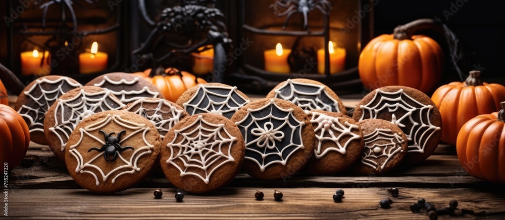 Poster An array of Halloween cookies with spider web and pumpkin decorations displayed on a rustic wooden table, perfect for a spookythemed event