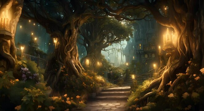 Enchanted forest with a glowing pathway and mystical creatures