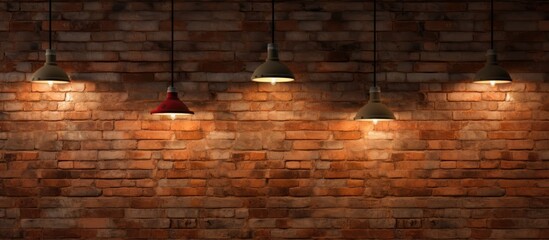 A modern brick wall featuring five sleek lights installed on it. The lights add a contemporary touch to the empty interior design, suitable for home, hotel, or office spaces.