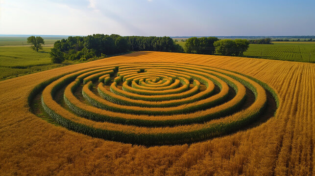 An aerial view of a crop circle on a corn field
