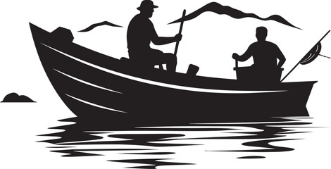 River Rover Vector Logo with Small Boat Seaside Survivor Fisherman on Small Boat Icon