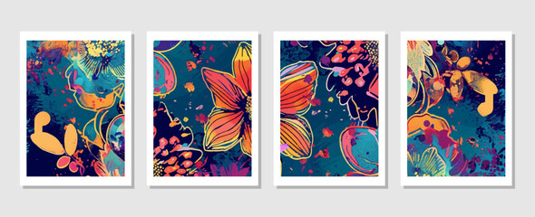 set of vector backgrounds featuring tropical leaves suitable for wall decoration, postcard designs, or brochure covers.