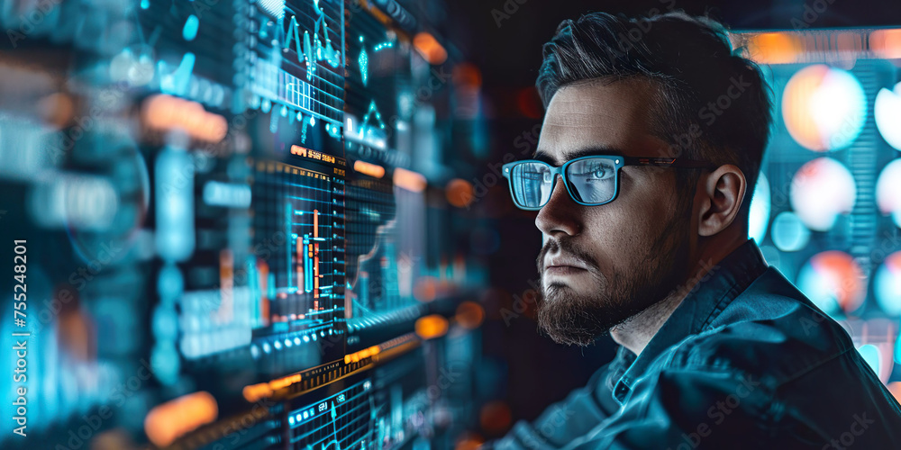 Poster data analyst reviewing graphs on screen