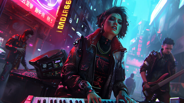 In a cyberpunk future, a woman with short hair, clad in a leather outfit, plays the synthesizer with her band during an outdoor concert on a neon-lit street at night.