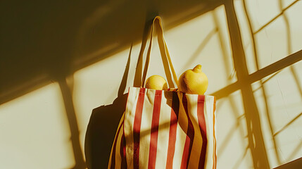 Striped tote bag with lemons sitting in sunlight casting shadows from a windowpane on a warm earthtoned background - obrazy, fototapety, plakaty