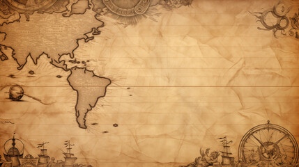 Fototapeta na wymiar Aged Nautical Map with South American Coast and Ancient Navigation Tools