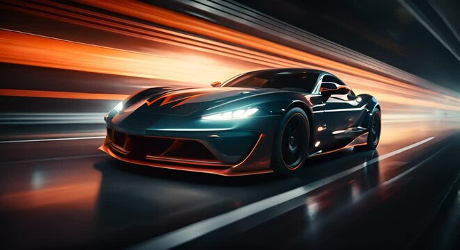 Modern sports cars run on the roads at night at high speed.