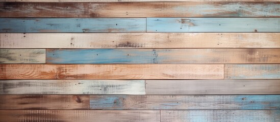 A weathered wooden wall with a blend of blue and brown paint, showcasing a rustic and vintage aesthetic. The colors create a striking contrast against the aged wood,