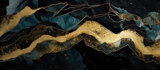 A modern abstract painting depicting a majestic mountain range rendered in gold paint. The artwork showcases intricate textures resembling marble, granite, and agate, creating a unique mosaic effect.