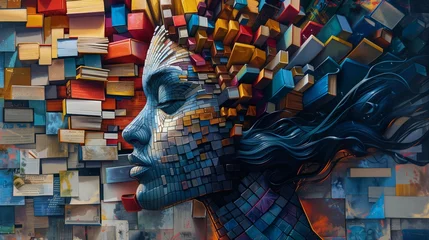 Poster Illustration of a woman's face made with books symbolizing the formation of knowledge © VNCXART