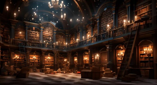 Old library with rows of books, dim light