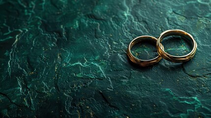top view,minimalist background of Elegant and romantic green couple rings on a black jade floor.  - obrazy, fototapety, plakaty
