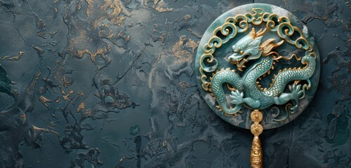 top view,minimalist background of The Emperor Jade Seal, the Chinese Dragon, is made from jade and has a square base made of gold on a black jade floor,copy space