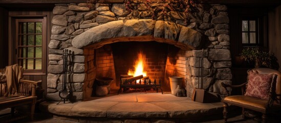 Obraz premium A front view of a stone fireplace with a roaring fire burning inside, providing warmth and illumination in a rural house setting.