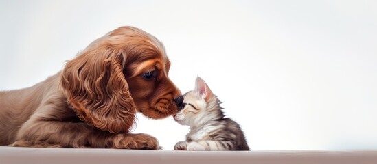 An English cocker spaniel puppy dog is playfully interacting with a kitten, gazing at each other with curiosity. The animals are looking up and away, against a bare wall and white backdrop.