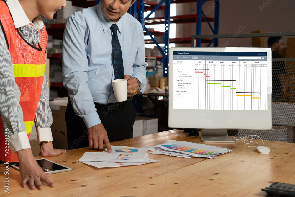 Poster project planning software for modish business project management on the computer screen showing time