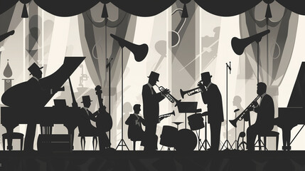 A live performance featuring an art deco-inspired silhouette of an orchestra playing musical instruments, reminiscent of the 1940s.