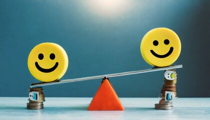 smiley face on the beach, emoji emoticons vertically arranged with seesaws, emotional control for career success and wellbeing concept, 3d render illustration - obrazy, fototapety, plakaty