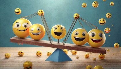 3d render of a face, emoji emoticons vertically arranged with seesaws, emotional control for career success and wellbeing concept, 3d render illustration - obrazy, fototapety, plakaty