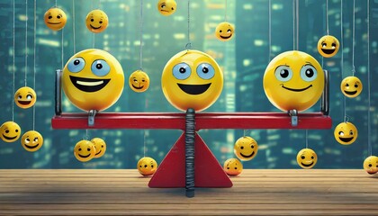 eggs on a wooden background, emoji emoticons vertically arranged with seesaws, emotional control for career success and wellbeing concept, 3d render illustration - obrazy, fototapety, plakaty