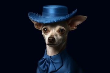 a dog in a blue dress hat, being very stylish