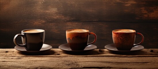Three cups of coffee rest on a hardwood table, showcasing the beauty of the wood grain. The liquid contrast against the wood stain