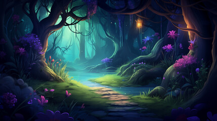 Tranquil Enchanted Forest Walkway with Luminous Flowers - Fantasy Art