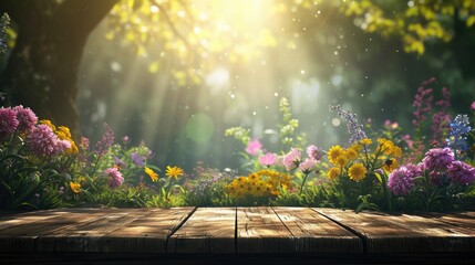 Obraz premium Wooden boards for product display in a spring natural environment with flowers
