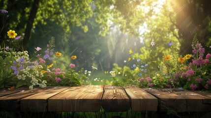 Wooden boards for product display in a spring natural environment with flowers