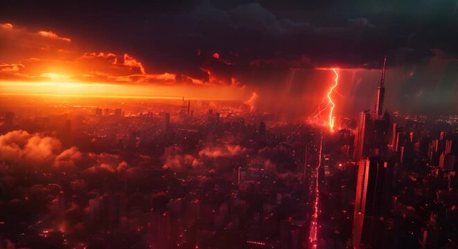 Lightning bolt striking city, dramatic weather