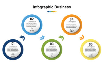 Infographic template for business information presentation. Vector circle and icon elements. Modern workflow diagrams. Report plan 5  topics