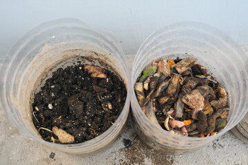 Indoor diy or do it yourself setup of composting kitchen scraps in empty plastic bottle.