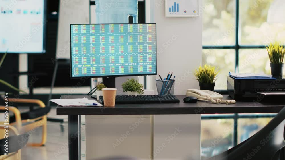 Poster market index listings values going up and down on computer monitor, handheld camera shot. broker tra