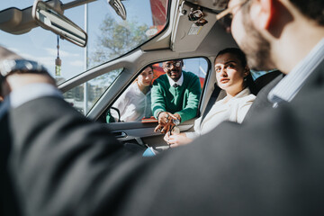 Professional business people in formal attire sitting in a car, engaging in a serious discussion.