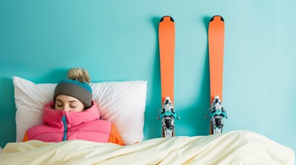 Young woman in bed sleeping with a pair of skis, lady lying with her jacket in her bedroom, longing for her ski vacation, eager to put on her skis and hit the slopes, sweet dreams are made of ski - obrazy, fototapety, plakaty