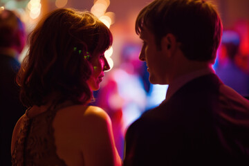 An intimate moment between a couple dancing closely in a dimly lit room with colorful lights.