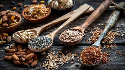 Grains, seeds and nuts on small spoons
