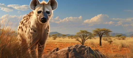 Poster A carnivorous hyena is standing in the middle of a field, surrounded by lush green grass and towering trees, under a cloudy sky, in a natural landscape, looking directly at the camera © 2rogan
