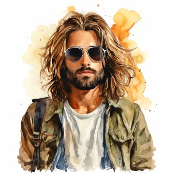 This stock image showcases a stylish young man with wavy hair, a beard, and aviator sunglasses, exuding confidence and charm. Perfect for fashion, lifestyle, or advertising use. Square format.