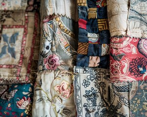 Close up on a patchwork of vintage textiles