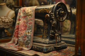 Vintage sewing machine with a piece of fabric - obrazy, fototapety, plakaty