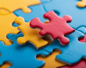 Two jigsaw puzzle pieces of different colors fitting together perfectly