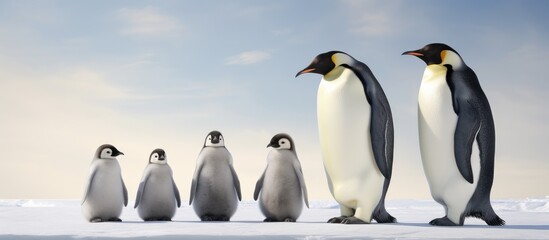 A family of Antarctic emperor penguins, including adults and young ones, standing closely next to each other on the icy expanse. The penguins are huddled together, showcasing their black and white